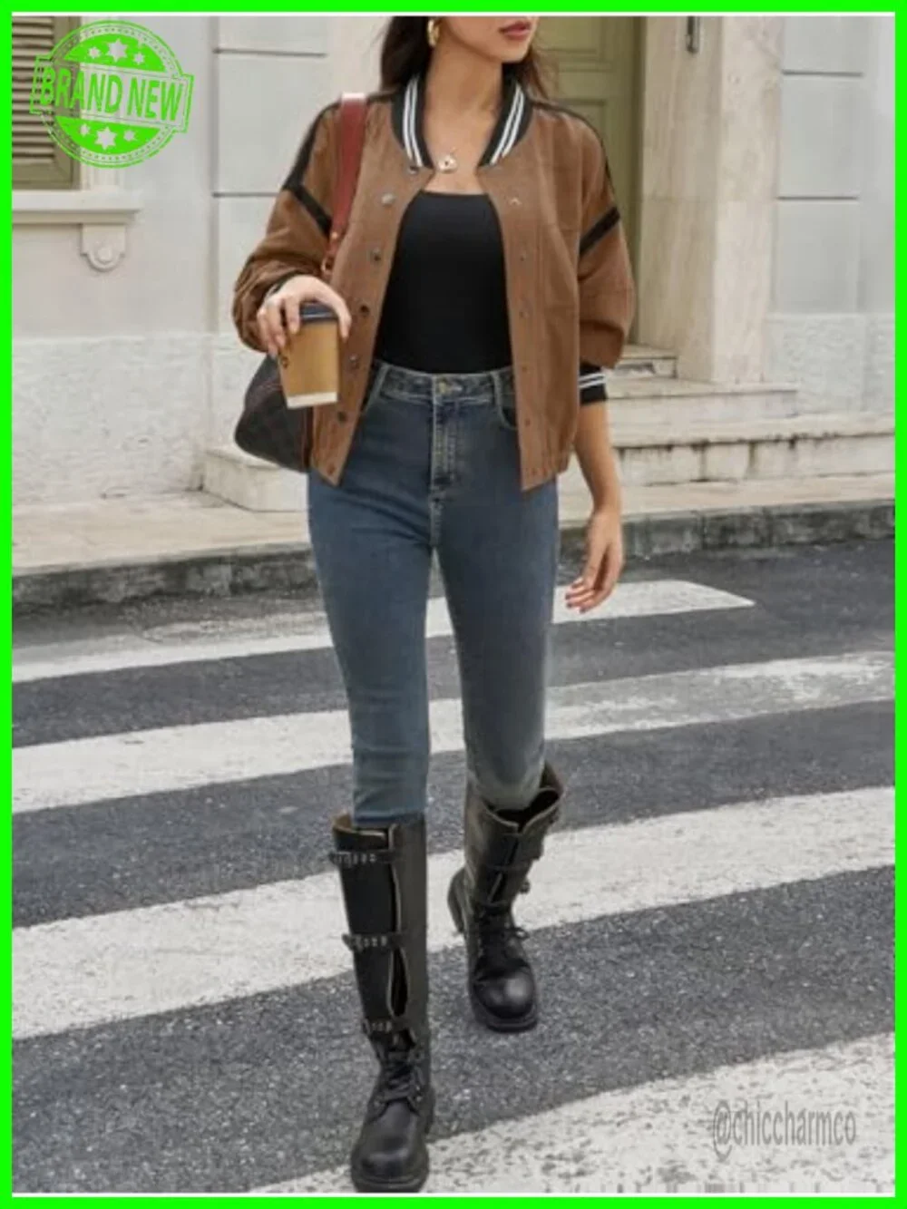 Cropped Bomber Jacket Utility Coat with Pockets